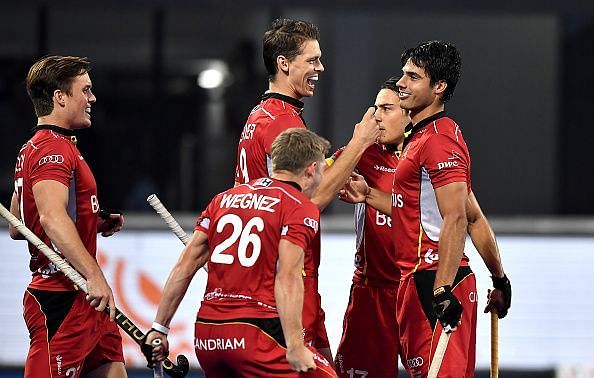 Belgian players are all smiles after scoring against Pakistan