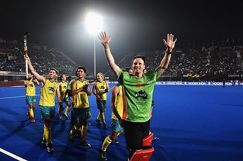 The Australian team celebrates their win at the Men's Hockey World Cup 2018 on Tuesday