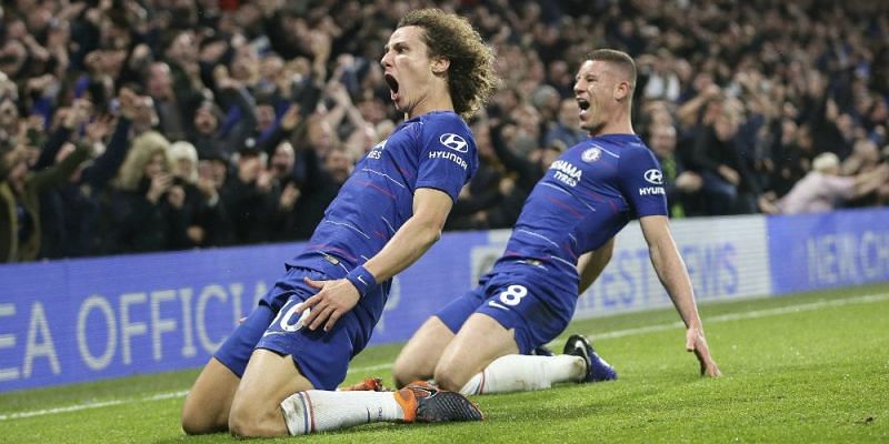 David Luiz celebrates his goal that gave Chelsea a stunning win over the defending champions