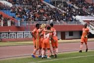 NEROCA FC players celebrate Katsumi Yusa's goal against Churchill Brothers