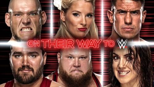 From top left to right: Lars Sullivan, Laci Evans, EC3, Tucker Knight, Otis Dozovic, and Nikki Cross