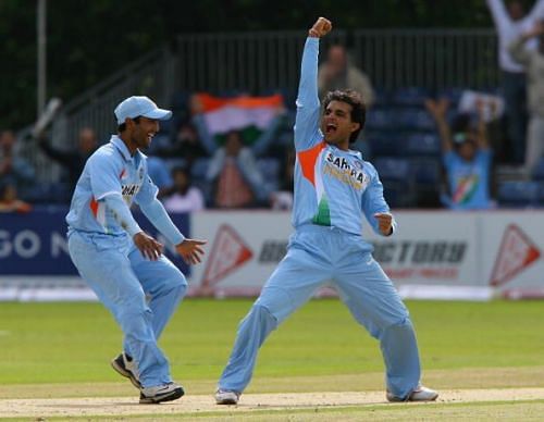 Former Indian captain Sourav Ganguly celebrates a wicket