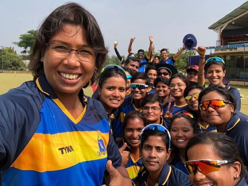 Jhulan Goswami with her Bengal teammates after a win