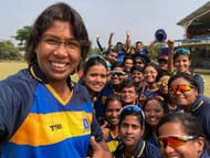 Jhulan Goswami with her Bengal teammates after a win