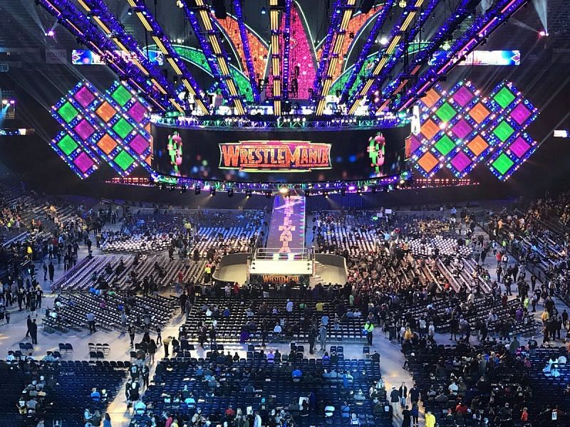 The WWE Wrestlemania 34 stage and ring, the Superdome New Orleans Louisiana.