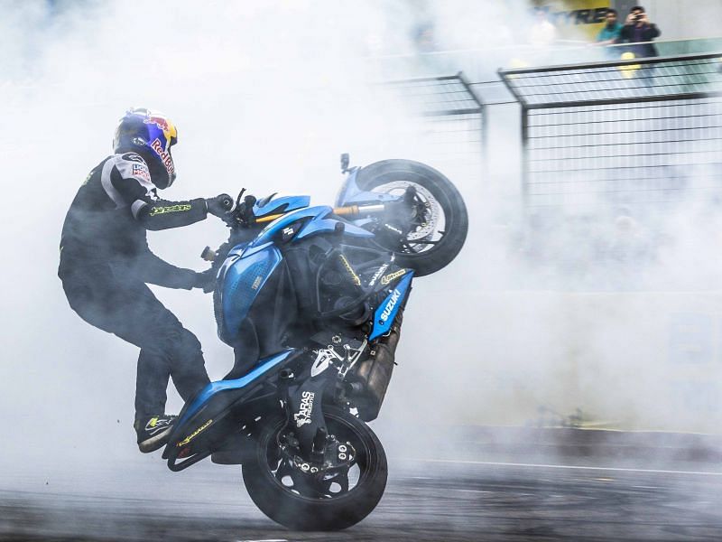 Performance by top stunt rider and Red Bull athlete Aras at the finale of JK Tyres FMSCI National Racing Championship