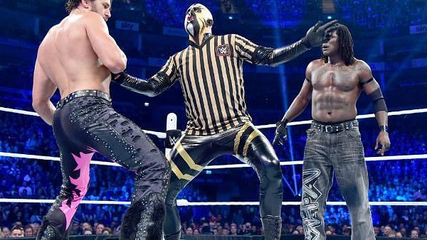 Goldust and Fandango break out in an impromptu dance while R Truth looks on in disgust.