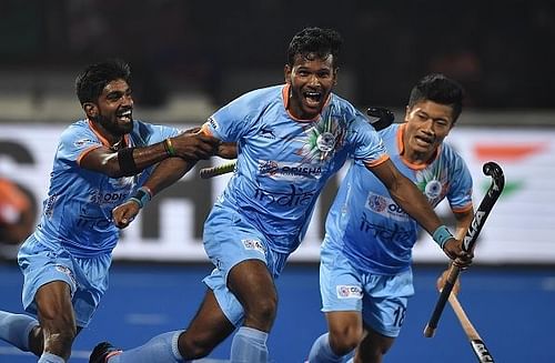 Indian players celebrating after scoring against Canada