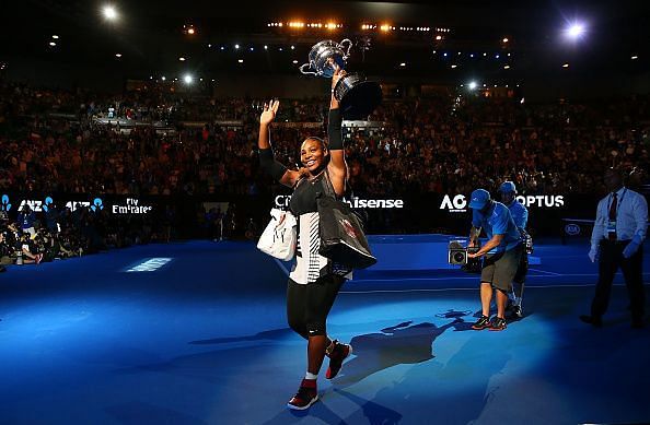 Serena Williams with the 2017 Australian Open trophy