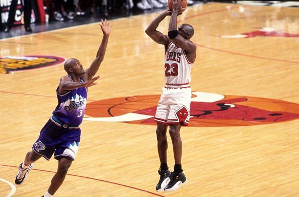 Jordan nails the jumper against Bryon Russell in the 1997 NBA Finals