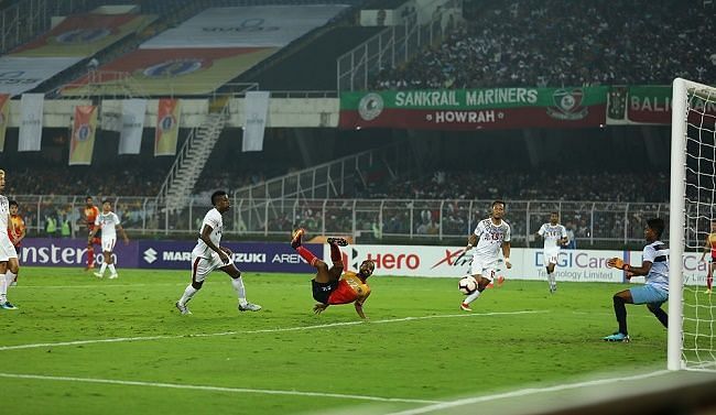Jobby Justin&#039;s goal gave East Bengal the lead in the Kolkata Derby [Image: I-League]
