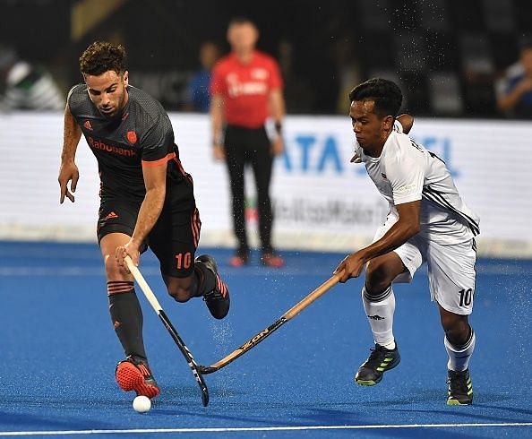 Action from the Netherlands v Malaysia match at the Men's Hockey World Cup 2018