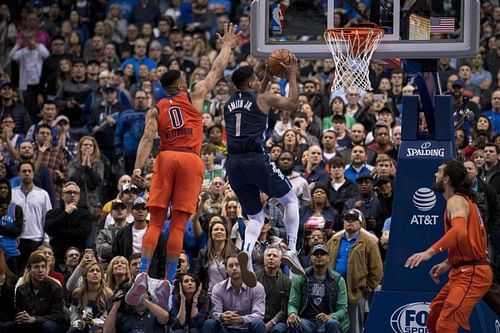 Dennis Smith Jr. driving to the basket in final seconds of the match