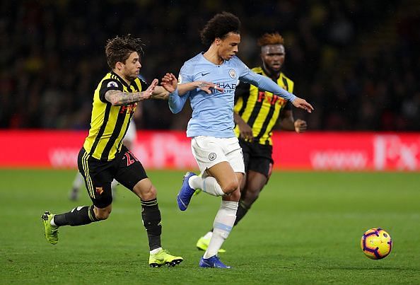 Leroy Sane sent Manchester City on their way to a win at Vicarage Road.