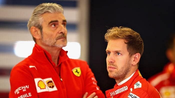 Ferrari Team principal Maurizio Arrivabene with Sebastian Vettel 