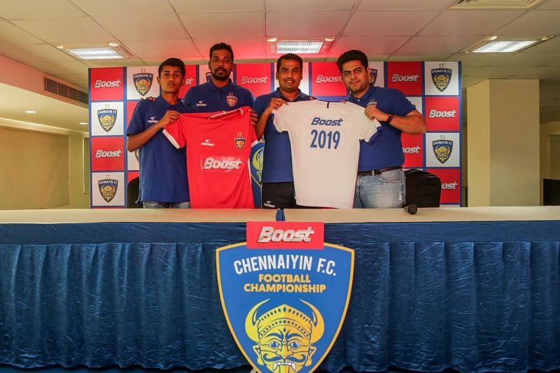 Chennaiyin FC assistant coach Syed Sabir Pasha (second from right) and midfielder Dhanpal Ganesh (second from left) inaugurated the Boost Chennaiyin FC Football Championship