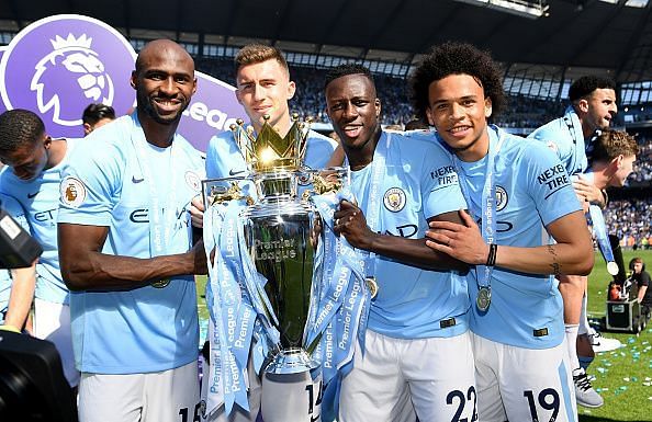 Mangala and his Manchester City teammates with the Premier League trophy