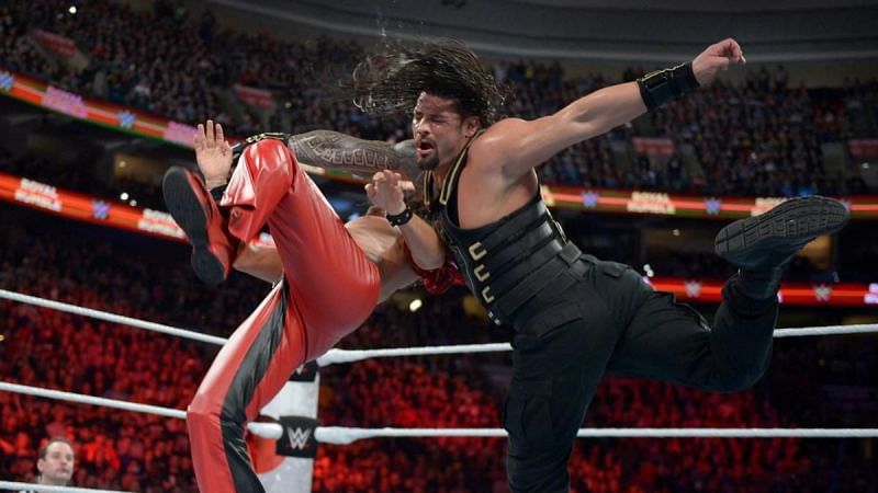 Roman Reigns hits 2018 Royal Rumble winner Shinsuke Nakamura with a Superman punch