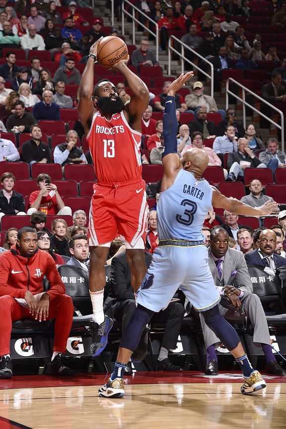 James Harden shoots a 3-pointer against Grizzlies