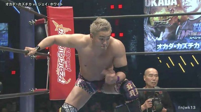 Kazuchika Okada went back to trunks for his match against Jay White