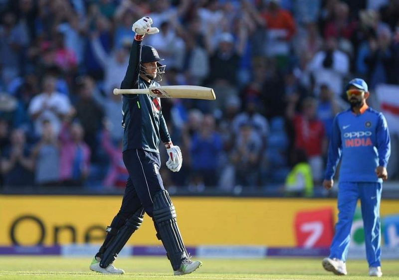 Joe Root celebrates after winning the ODI series against India.