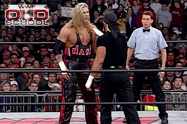 Hulk Hogan defeats Kevin Nash with a single poke of his finger.