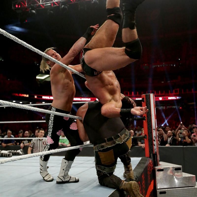 Dolph Ziggler eliminates Drew McIntyre from the Royal Rumble match.