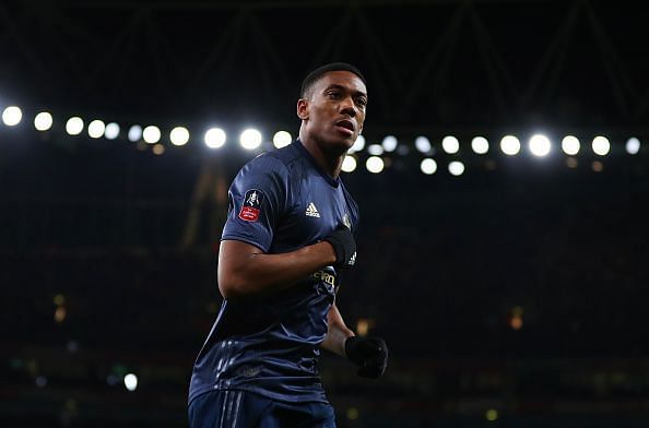 Anthony Martial celebrates after scoring the decisive goal against Arsenal in the FA Cup