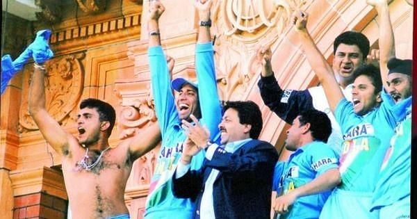 Ganguly waves the shirt after India won the 2002 Natwest finals