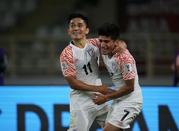 Indian national team captain Sunil Chhetri (left) with midfielder Anirudh Thapa