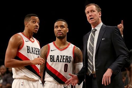 Damian Lillard and CJ McCollum with coach Terry Stotts