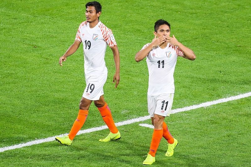 India&#039;s Sunil Chhetri (right) celebrates after scoring against Thailand during their Asian Cup match (Image: AIFF Media)