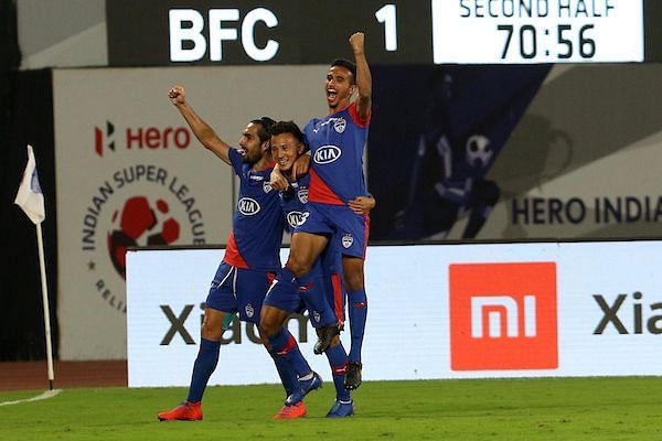 Bengaluru FC players celebrate Chencho Gyeltshen&#039;s goal against NorthEast United FC during their Indian Super League match (Image: ISL)