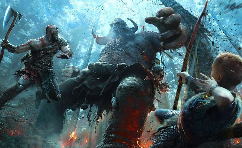 Kratos and Atreus taking on a Frost Giant Atreus can be controlled passively during combat.