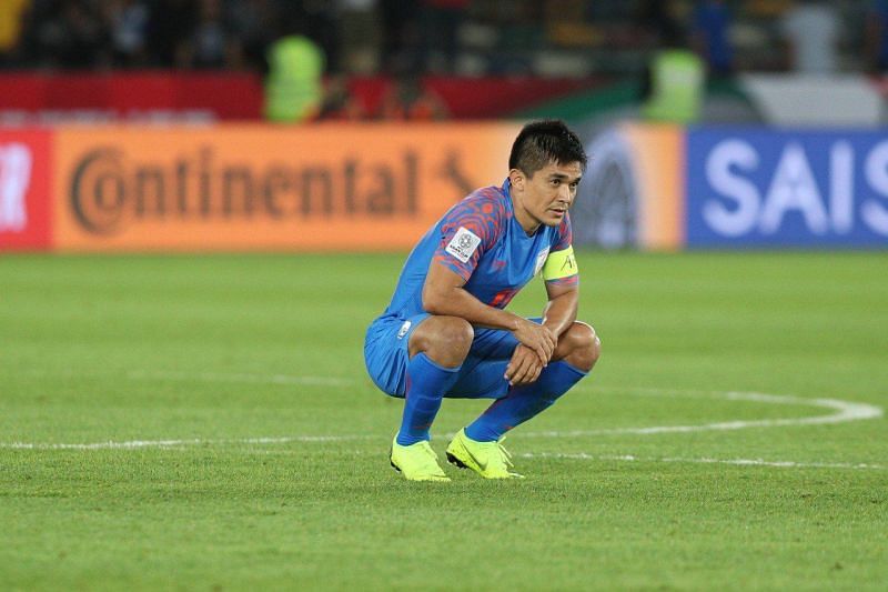 India&#039;s Sunil Chhetri is dejected after the team&#039;s defeat to Bahrain (Image: AIFF Media)