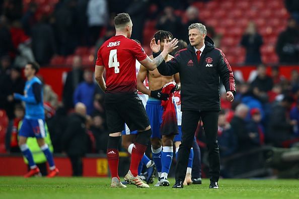 Ole celebrates post-match with Phil Jones after Manchester United&#039;s 2-0 FA Cup win over Reading