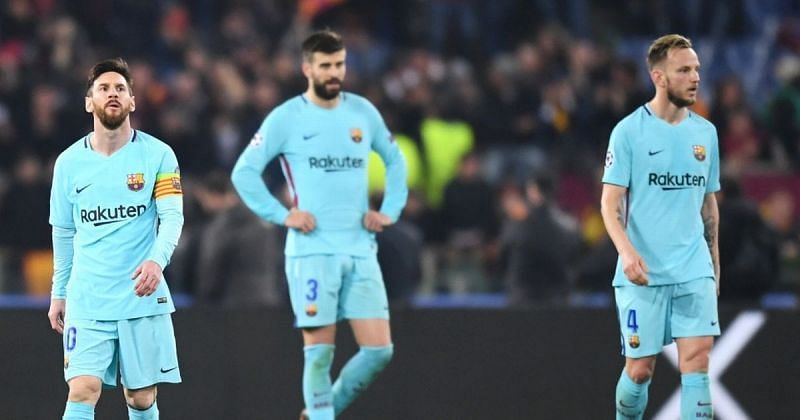 Barcelona players Lionel Messi (left), Gerard Pique (center) and Ivan Rakitic (right) looking disappointed after the team&#039;s elimination against AS Roma