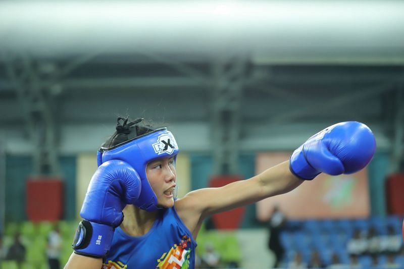 Tingmila Doungel in action during the final bout of U-17 Girls 48kg category at Khelo India Youth Games