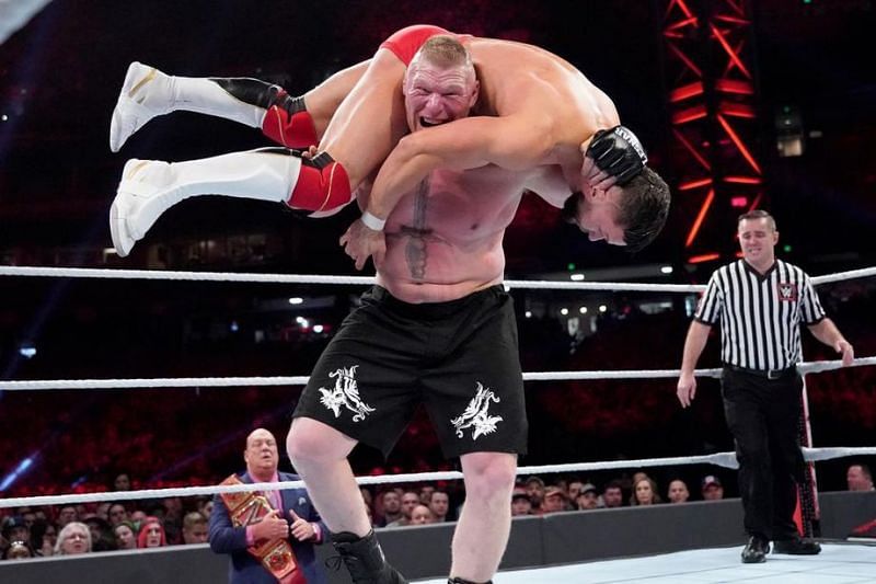 Brock Lesnar trying to hit the F-5 on Finn Balor