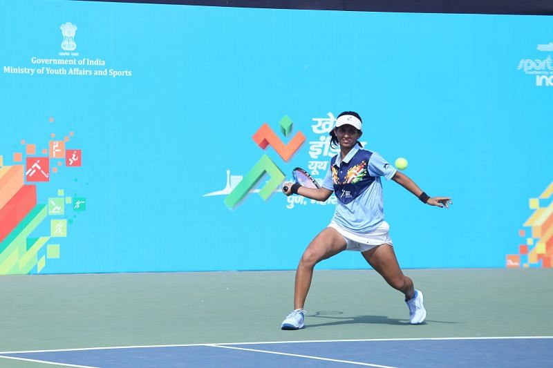 Mehak Jain from Madhya Pradesh in action during her semi-final victory over Zeel Desai in action at Khelo India Youth Games