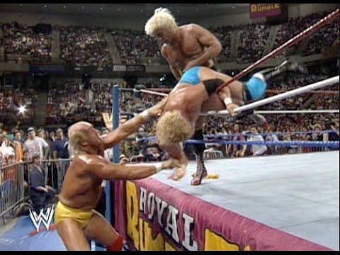 Sid Justice being eliminated by Hulk Hogan and Ric Flair from the 1992 Royal Rumble