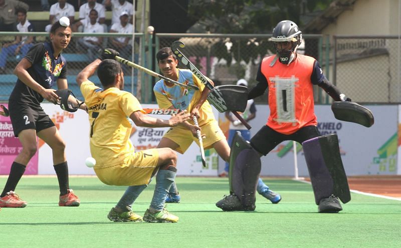 Haryana (Gold medallist) and Punjab (Silver medallist) hockey players in action during final match at Khelo India Youth Games