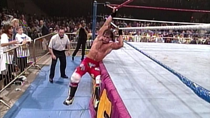Shawn Michaels hangs on for dear life in the Royal Rumble match 1995