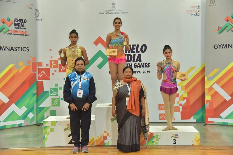 Picture 2- (L-R) Meghana Reddy (TEL), Aditee Dandekar, (MAH) and Mehakpreet Kaur (DLI) during the medal ceremony at Khelo India Youth Games