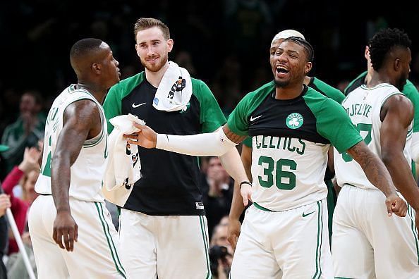 Celtics players celebrate during their win over the Indiana Pacers last month