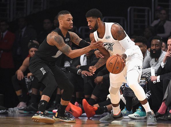 Lillard guarding Paul George during the All-Star Game 2018
