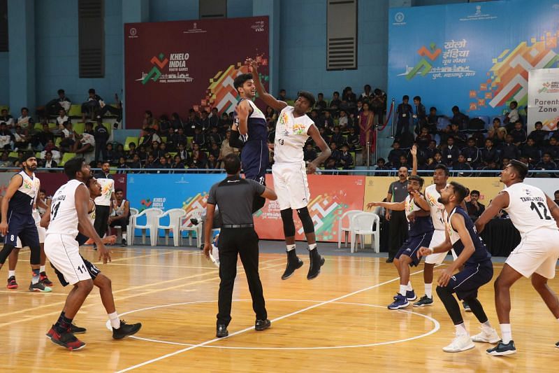 Tamil Nadu Basketball Under-21 Boys team in action against Punjab at Khelo India Youth Games