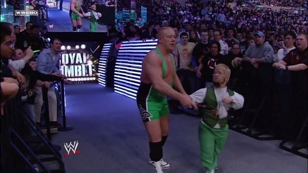 Hornswoggle and Finley leaving the Royal Rumble in 2008