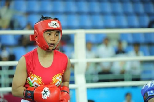 U-17 girls' 52kg (Light Bantam) gold medallist, NoaremÂ Baby Chanu (Red) from Manipur in action