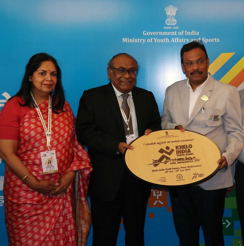 From left to right: Ms. Neelam Kapur, Director General, Sports Authority of India; Mr. Rahul Bhatnagar, Secretary (Sports), Government of India; Mr. Vinod Tawde, Minister for Sports and Youth Welfare, Government of Maharashtra